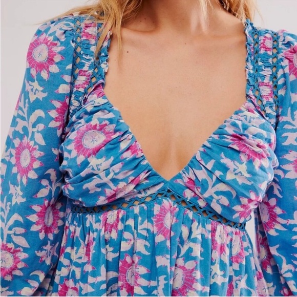 Free People Sacha Mini Babydoll Dress Floral 3/4 Sleeve Beaded Back Tie Women L - Picture 3 of 8